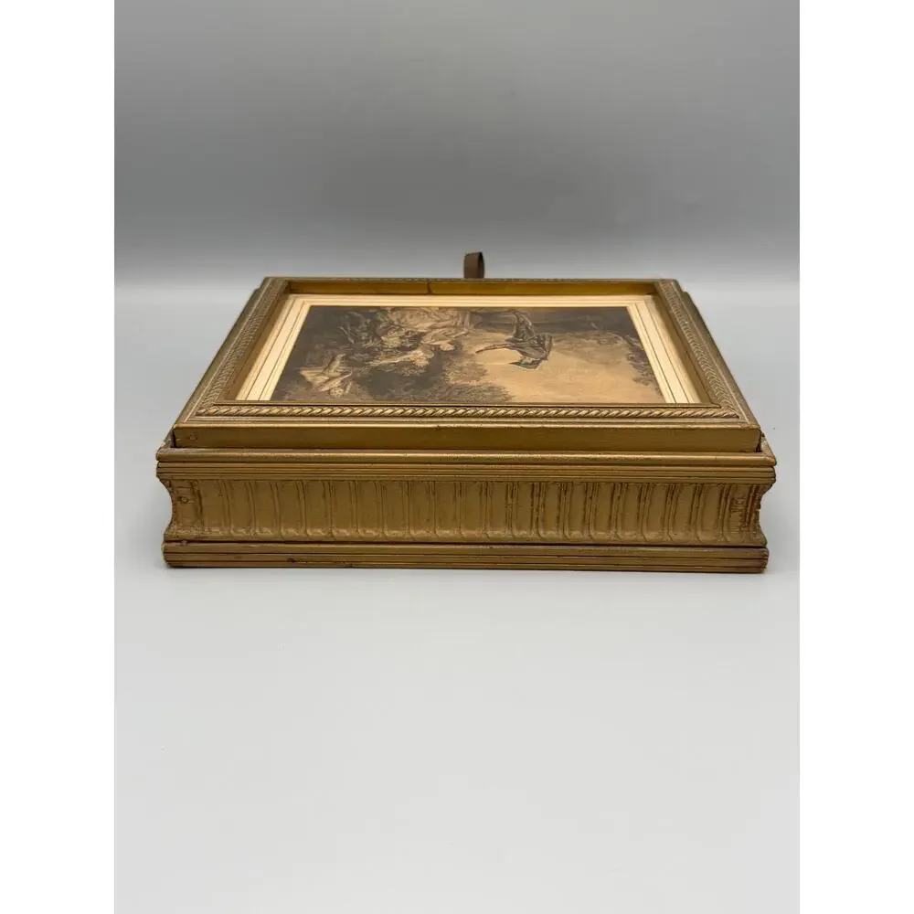 Gilt Wood Mirrored Jewelry Box Framed Pastoral Art Divided Vanity Keepsake